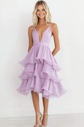Lila Spaghettiträger Chiffon A-Linie Gestuftes Partykleid